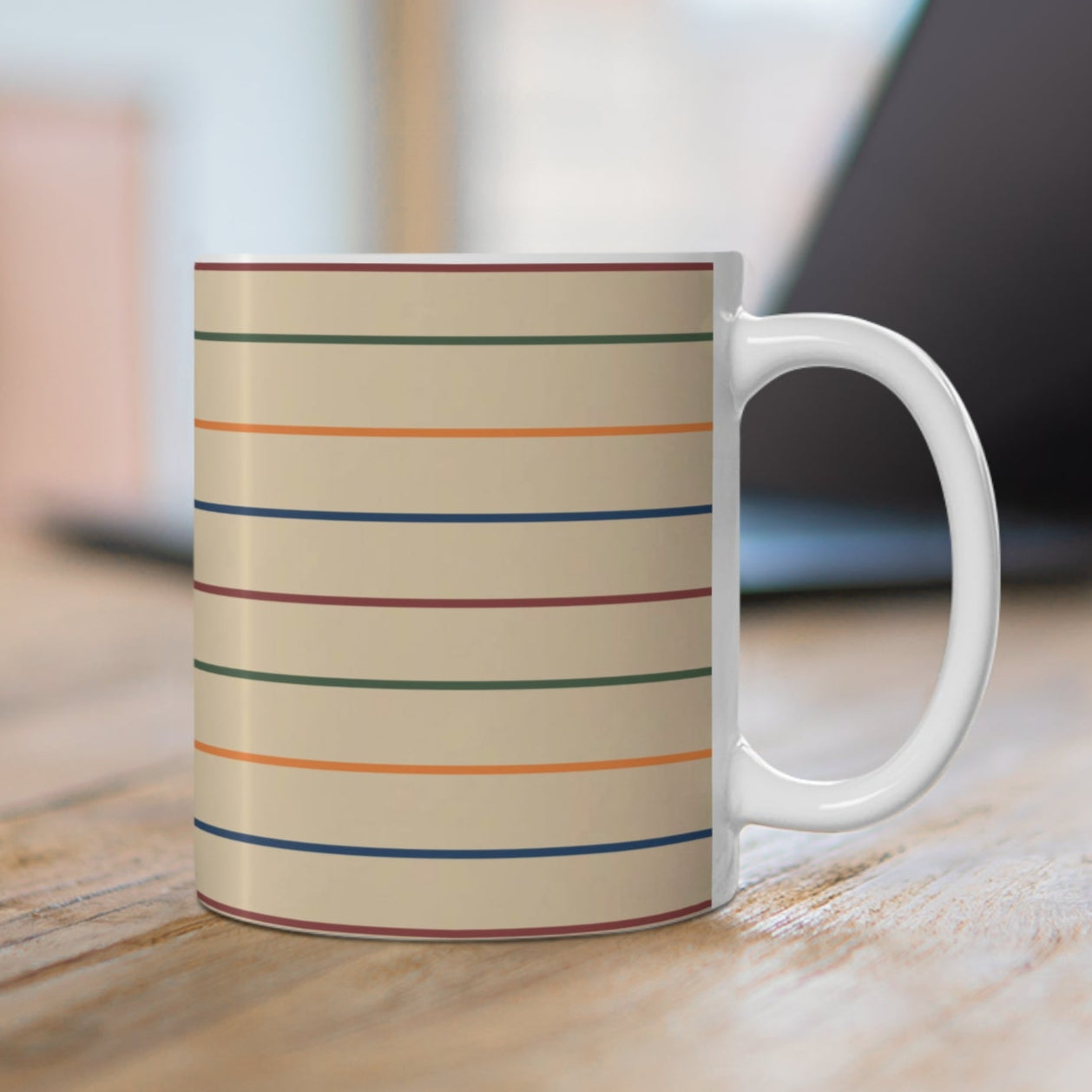 Ceramic Coffee Mug - Beige with Dark Blue, Orange, Green, Bordeaux Stripes - 11oz