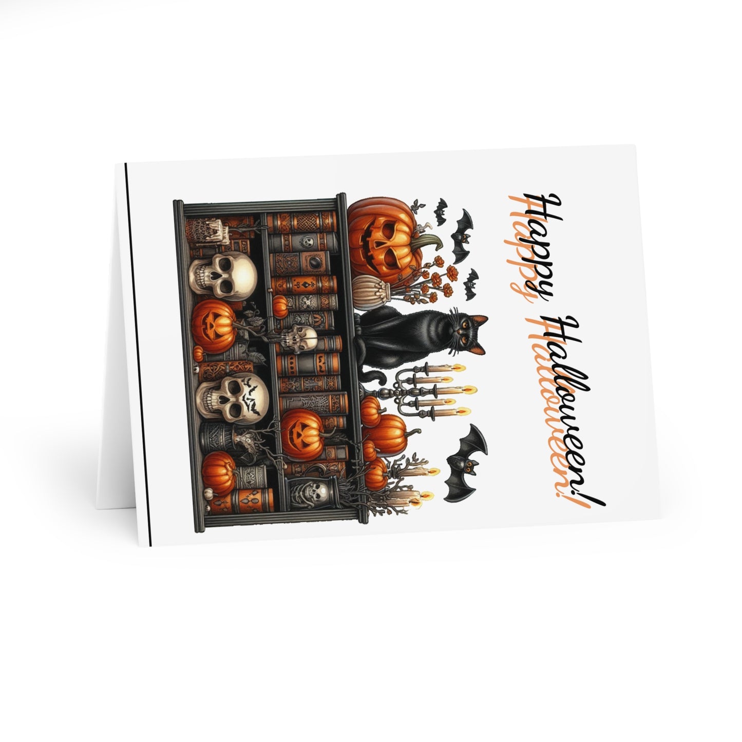 Happy Halloween Cat and Books Greeting Cards (5 Pack) with envelopes.