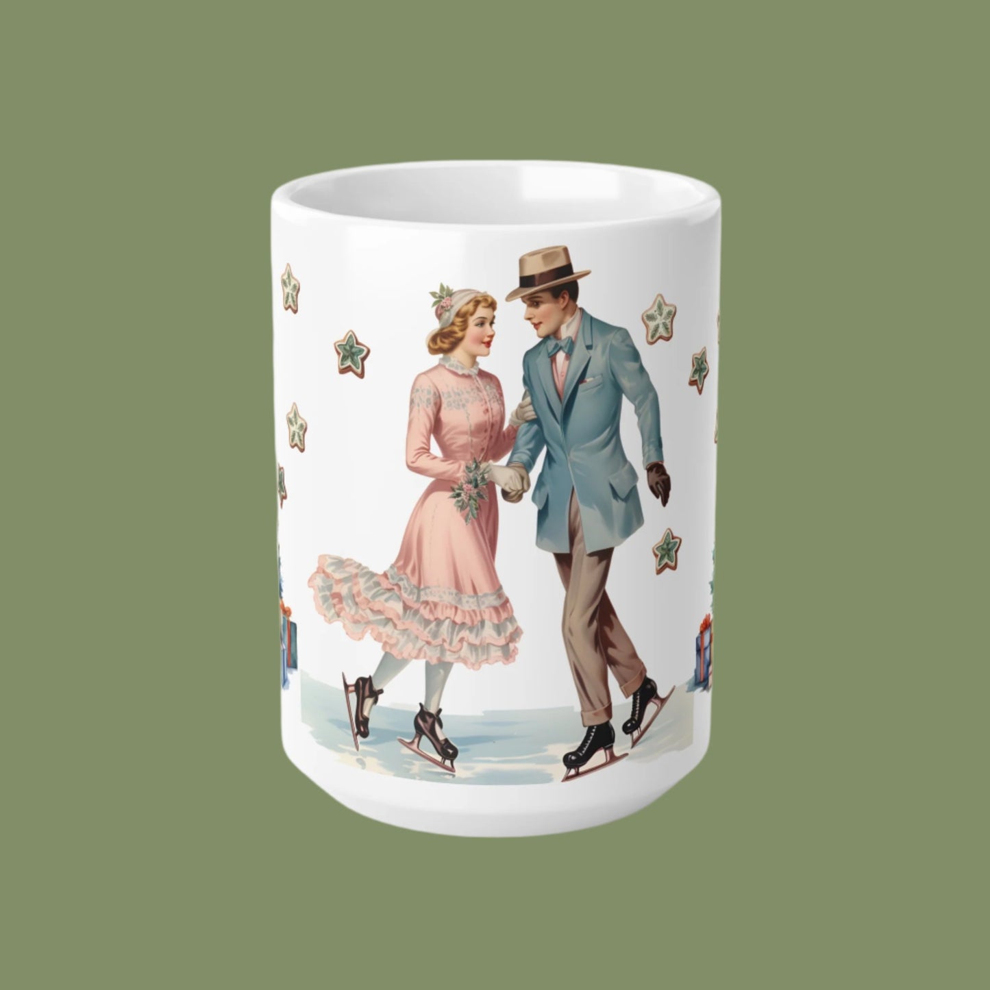 Christmas. Ceramic Mug - Vintage design, Couple Skating - 11oz/15oz