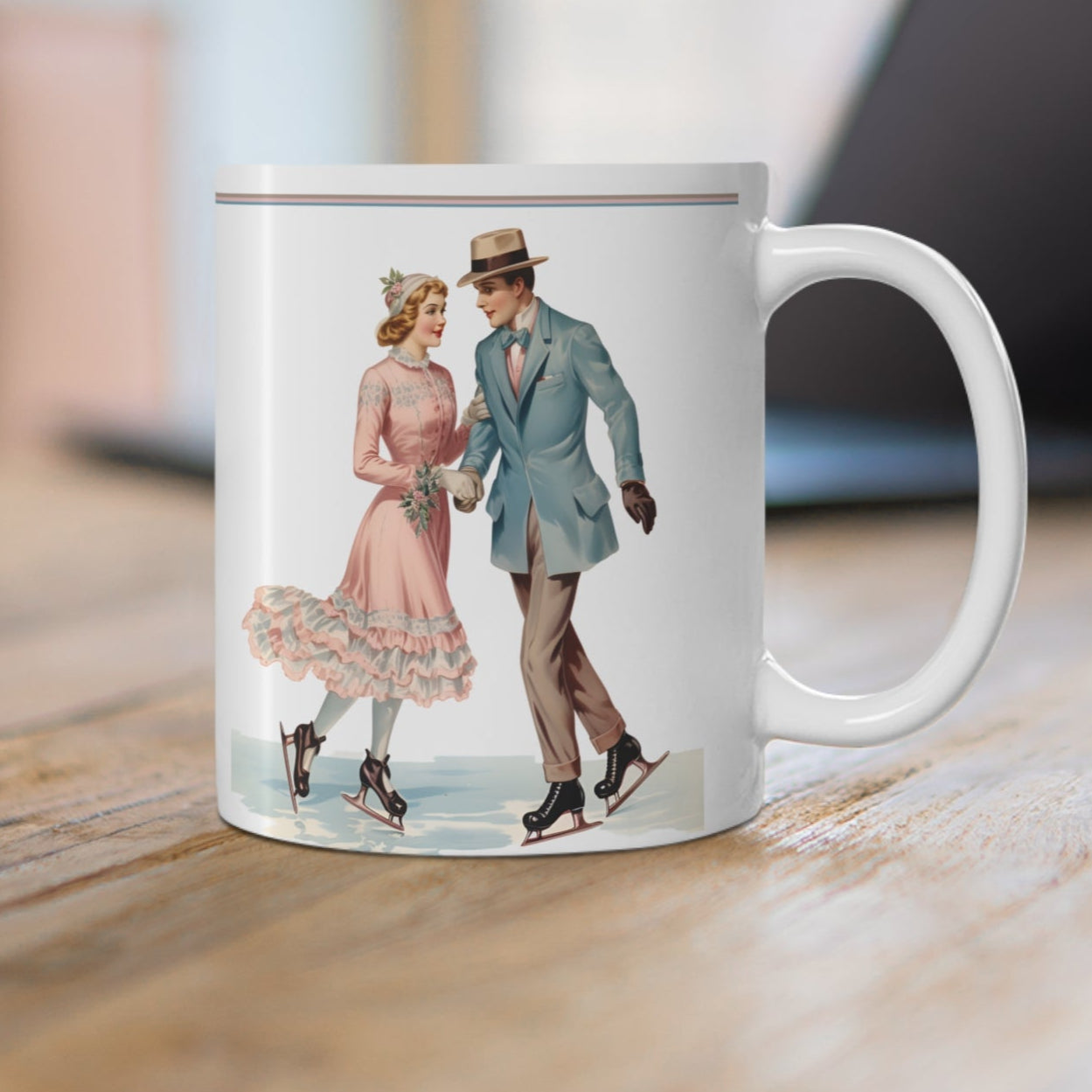 Ceramic Mug Vintage Design Lovely Couple Skating on Ice 11oz/15oz
