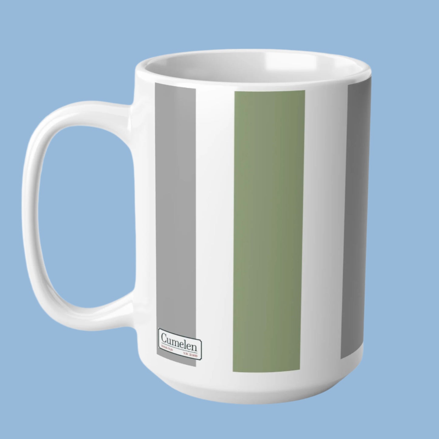Mug - Ceramic- White, Grey, and Green Vertical Stripes -