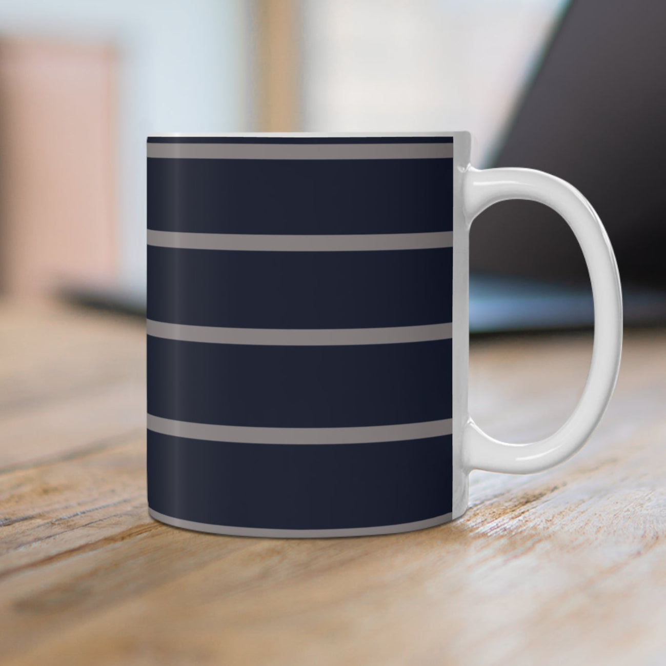 Ceramic Mug Blue Grey Stripes Elegant Minimalistic 11oz