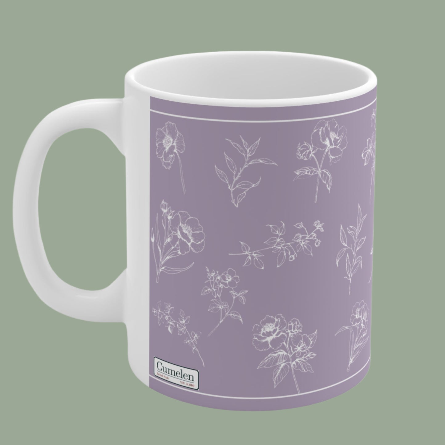 Ceramic Mug White Flowers Silhouette Lilac Background