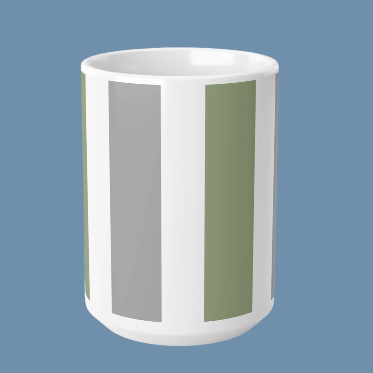 Mug - Ceramic- White, Grey, and Green Vertical Stripes -