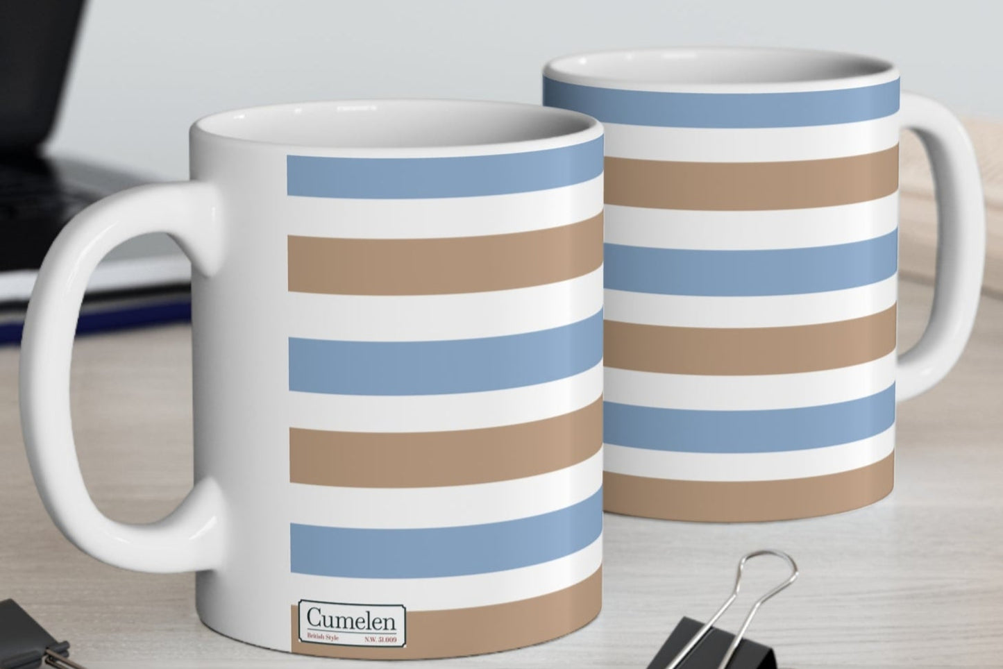 Coffee Mug, Modern Classic Elegance Feel Good Gift, White/Sand Brown/Light Blue Stripes, 11oz/15oz