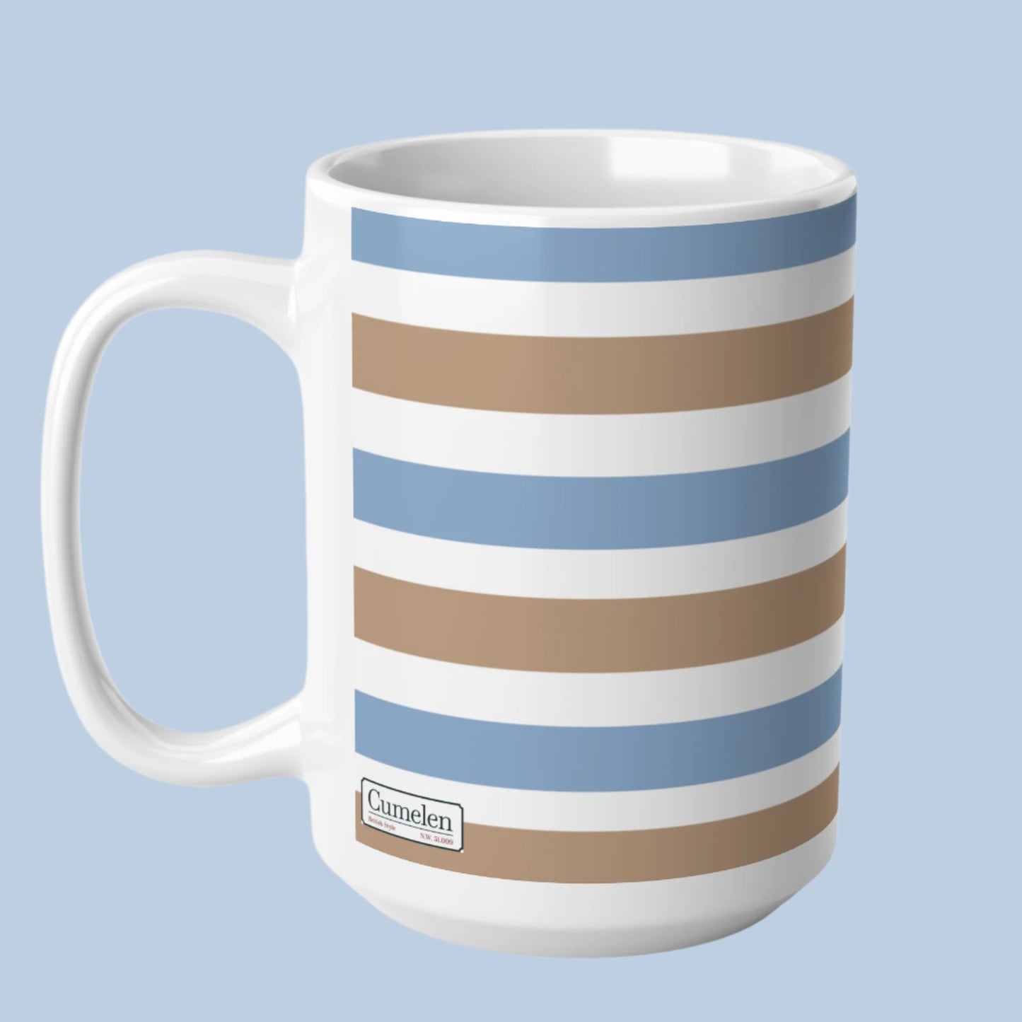 Coffee Mug, Modern Classic Elegance Feel Good Gift, White/Sand Brown/Light Blue Stripes, 11oz/15oz