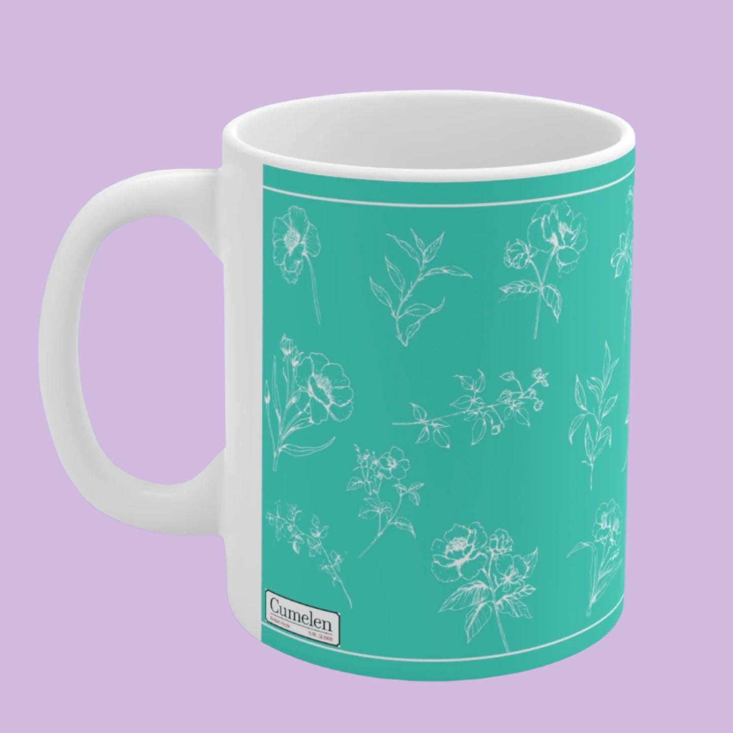 Ceramic Mug - White Flowers Silhouette on Aquamarine Background, 11oz & 15oz, Ideal for Special Moments and Gifting