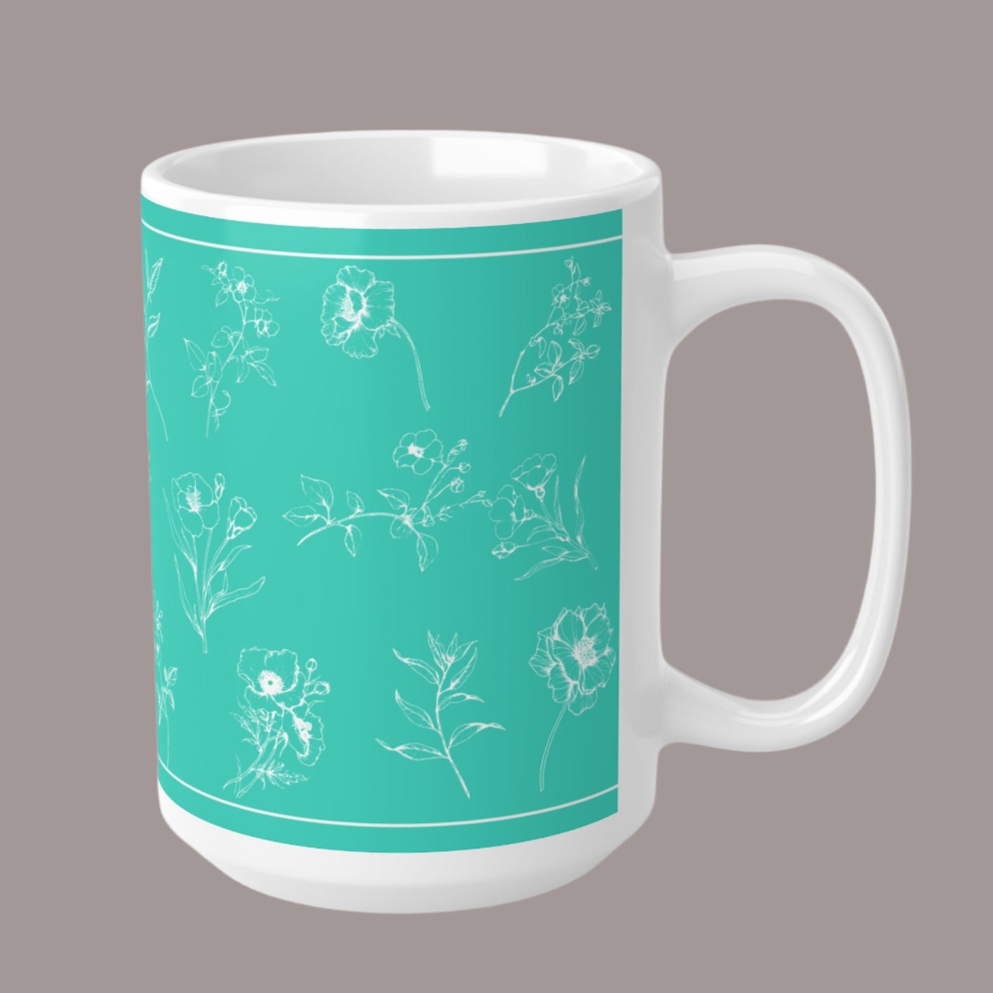 Ceramic Mug - White Flowers Silhouette on Aquamarine Background, 11oz & 15oz, Ideal for Special Moments and Gifting