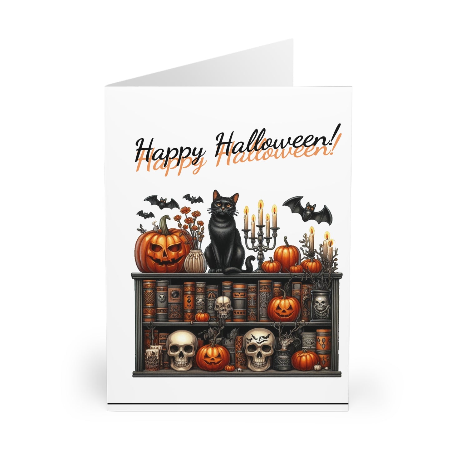 Happy Halloween Cat and Books Greeting Cards (5 Pack) with envelopes.