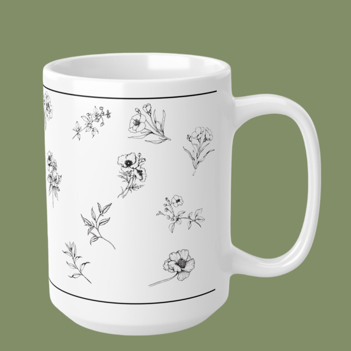Ceramic Mugs, 11oz, 15oz Black and White Flowers. Gift for special moments