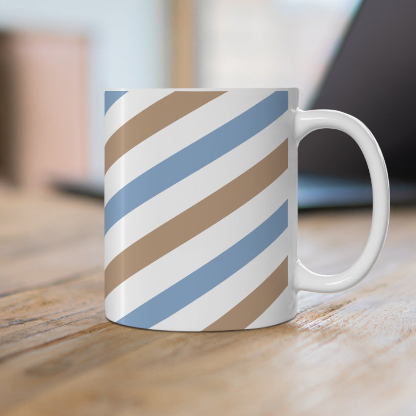 Mug Diagonal Stripes Sand Brown White Light Blue Modern Classic Elegance Feel Good Share Gift 11oz 15oz