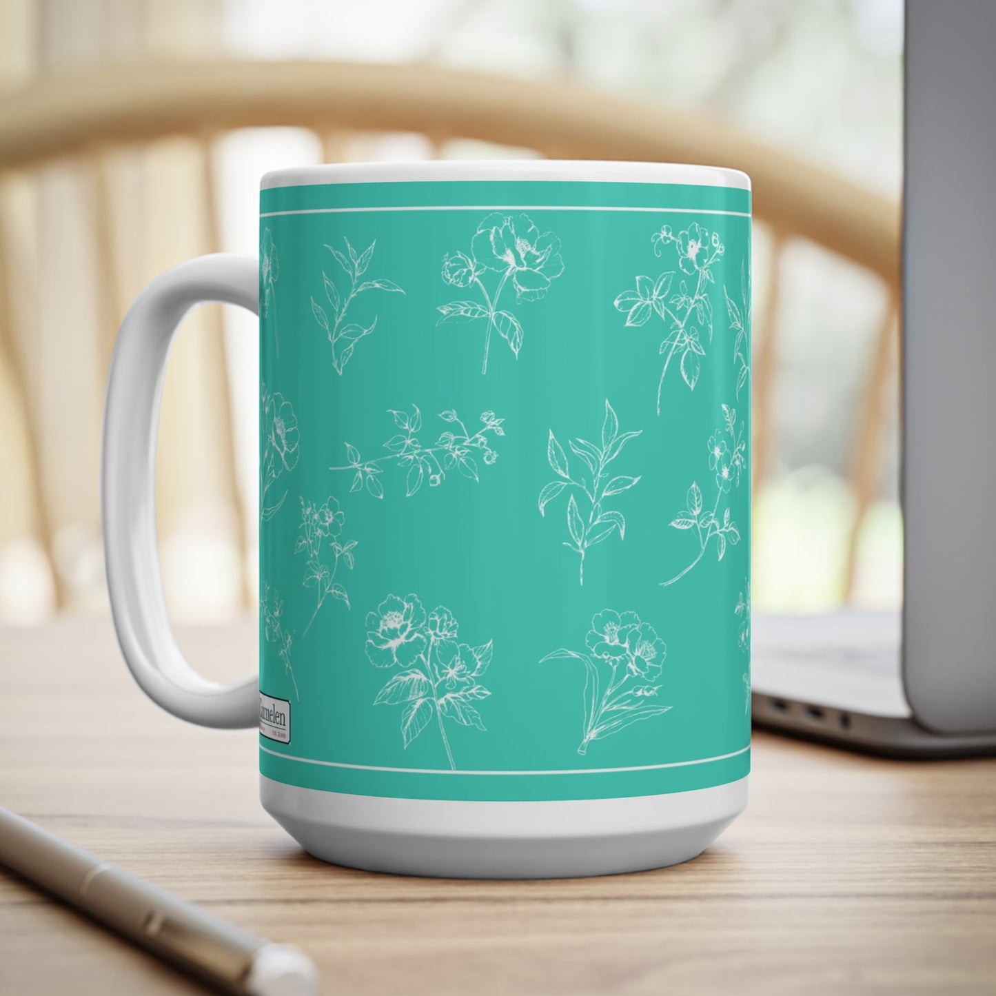 Ceramic Mug - White Flowers Silhouette on Aquamarine Background, 11oz & 15oz, Ideal for Special Moments and Gifting