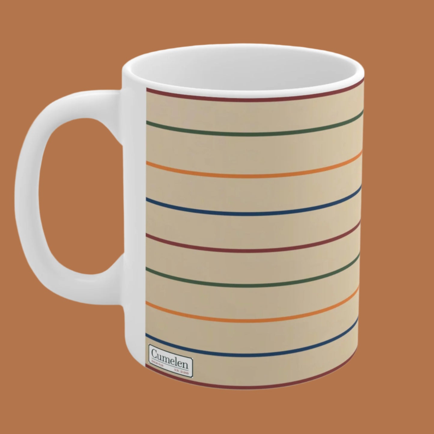 Ceramic Coffee Mug - Beige with Dark Blue, Orange, Green, Bordeaux Stripes - 11oz