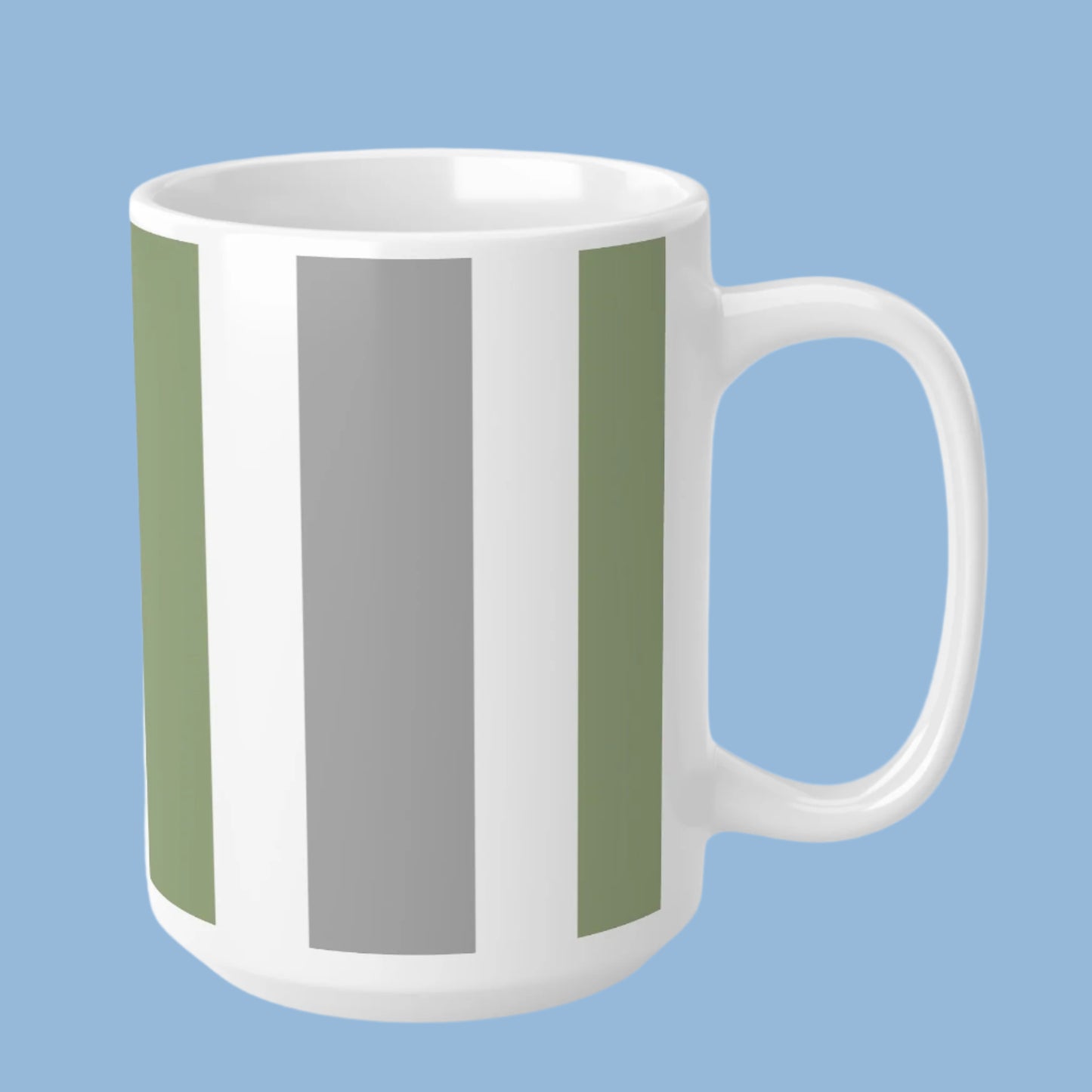 Mug - Ceramic- White, Grey, and Green Vertical Stripes -