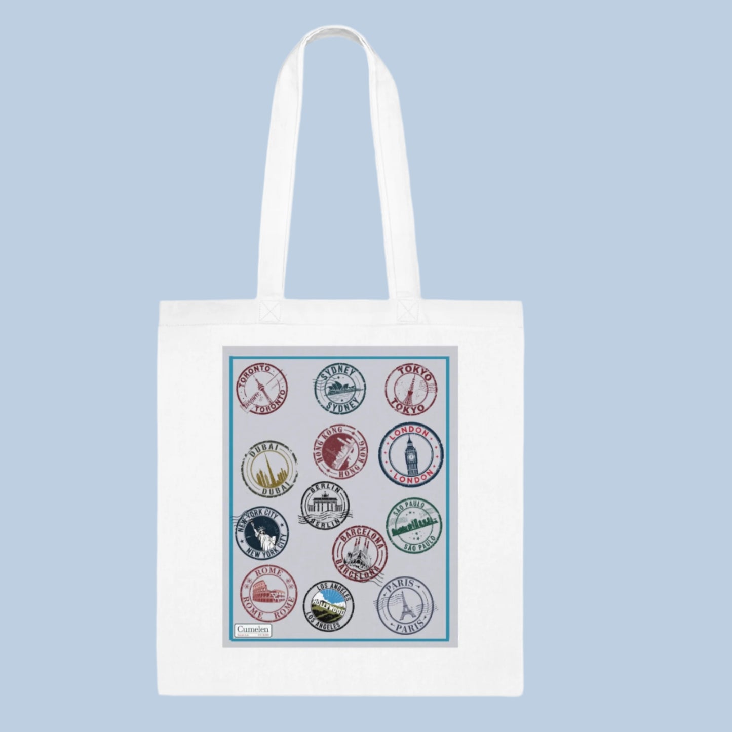 Cotton Tote Bag Passport Stamps Printed - White Grey Blue Red