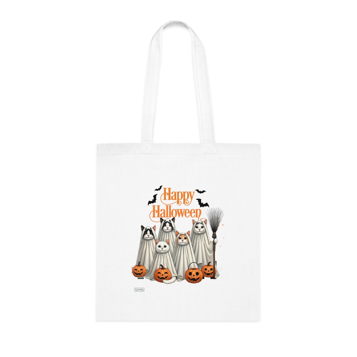 Happy Halloween Ghost Cats White Cotton Tote Bag