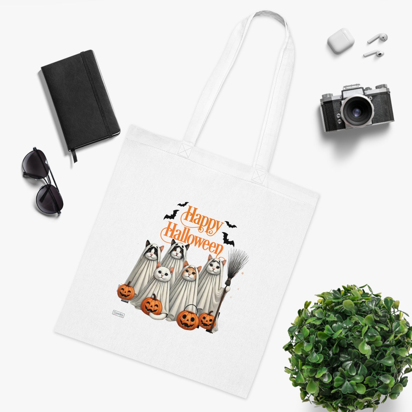 Happy Halloween Ghost Cats White Cotton Tote Bag
