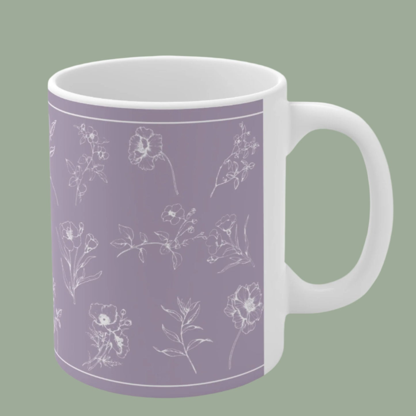 Ceramic Mug White Flowers Silhouette Lilac Background