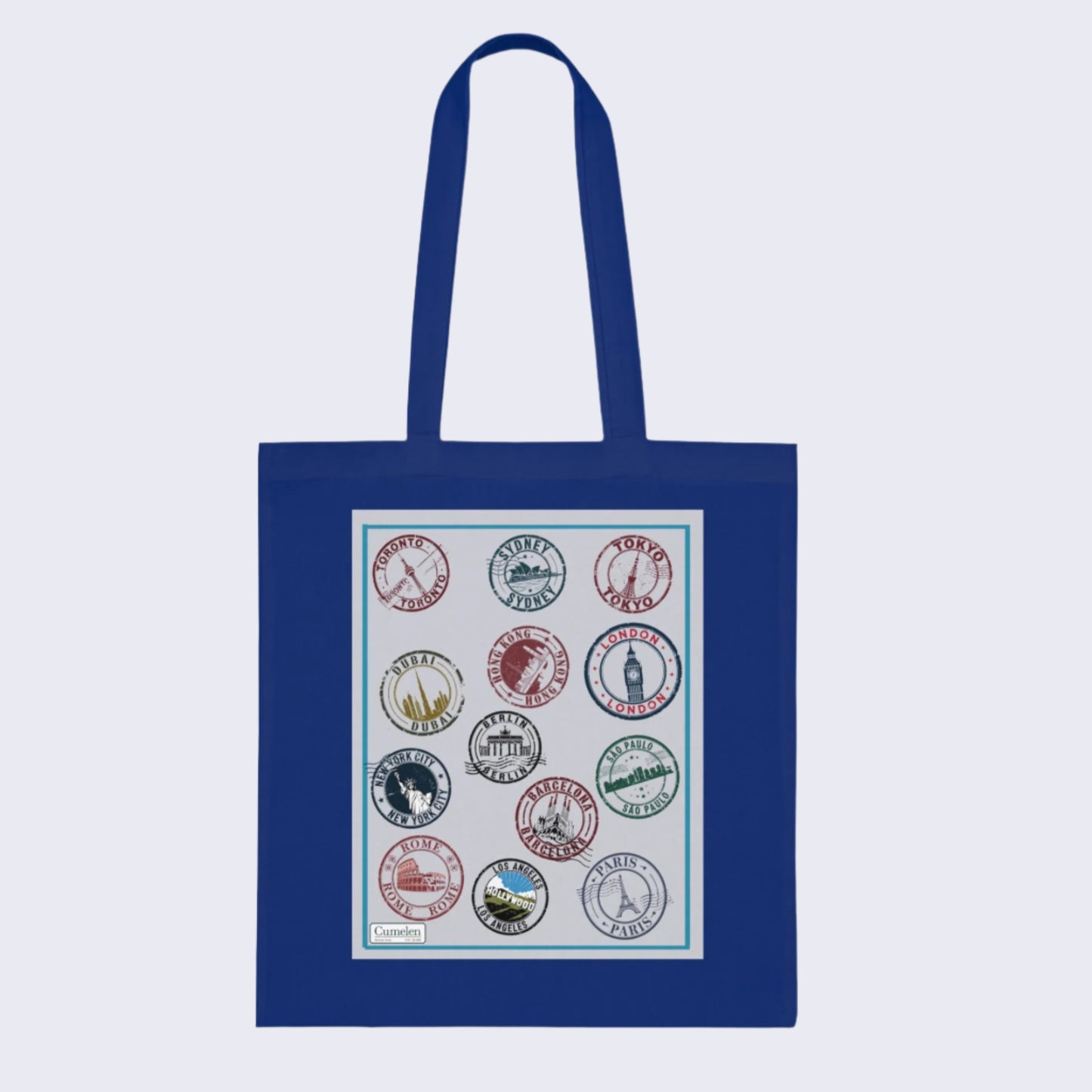 Cotton Tote Bag Passport Stamps Printed - White Grey Blue Red