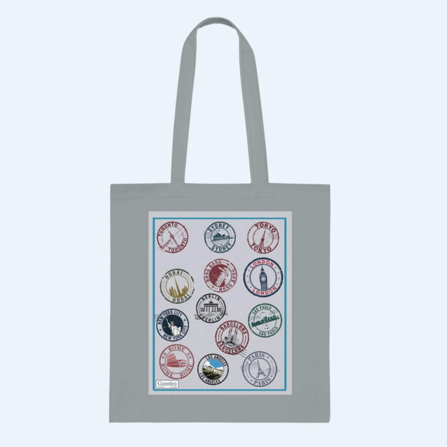 Cotton Tote Bag Passport Stamps Printed - White Grey Blue Red