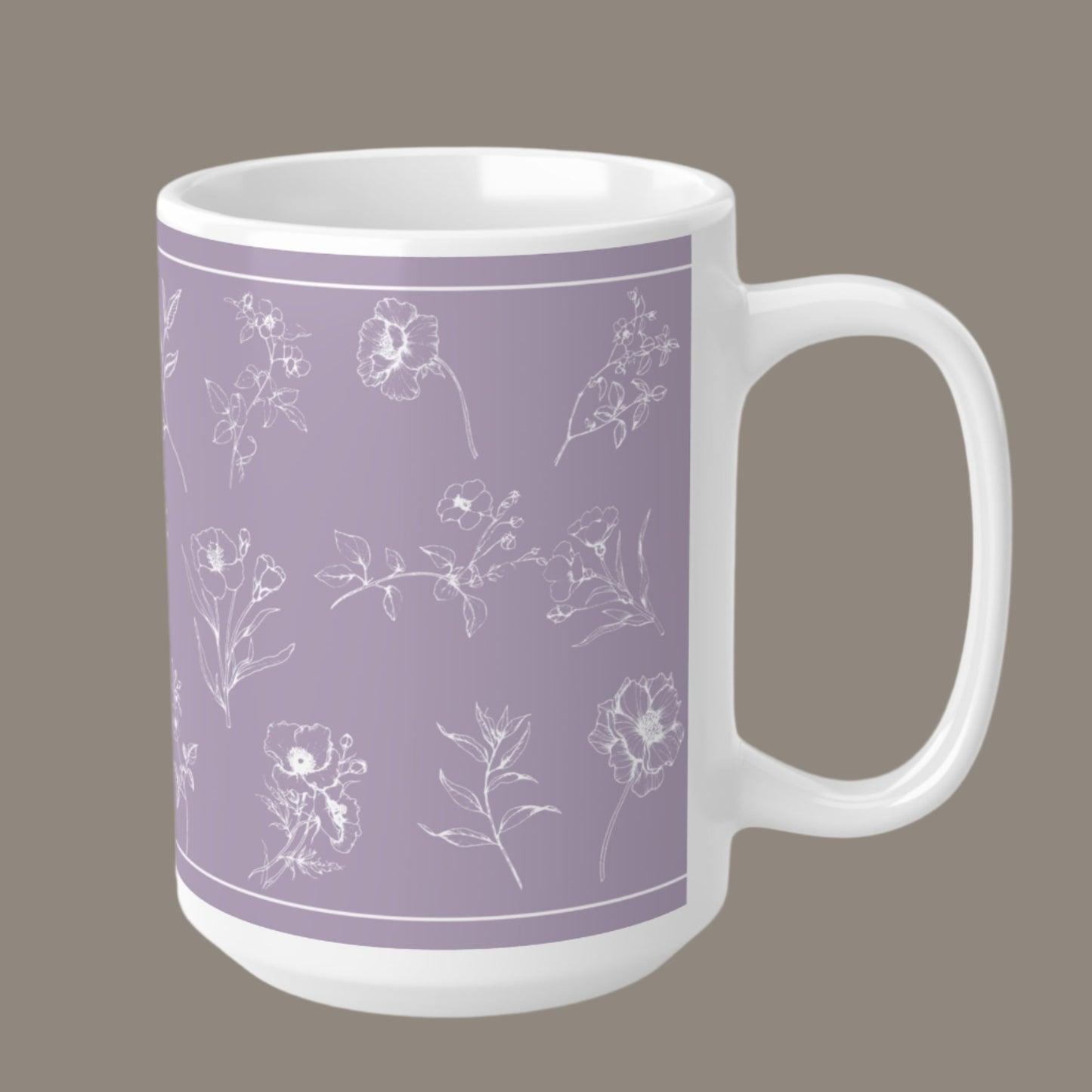 Ceramic Mug White Flowers Silhouette Lilac Background