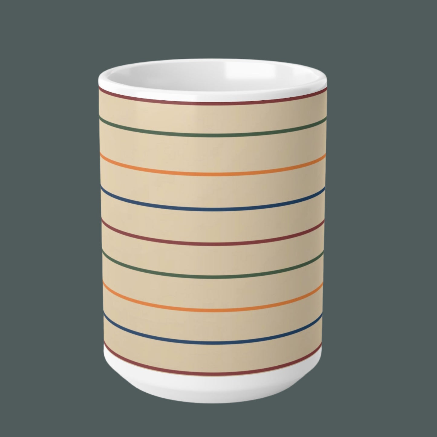 Ceramic Coffee Mug - Beige with Dark Blue, Orange, Green, Bordeaux Stripes - 11oz
