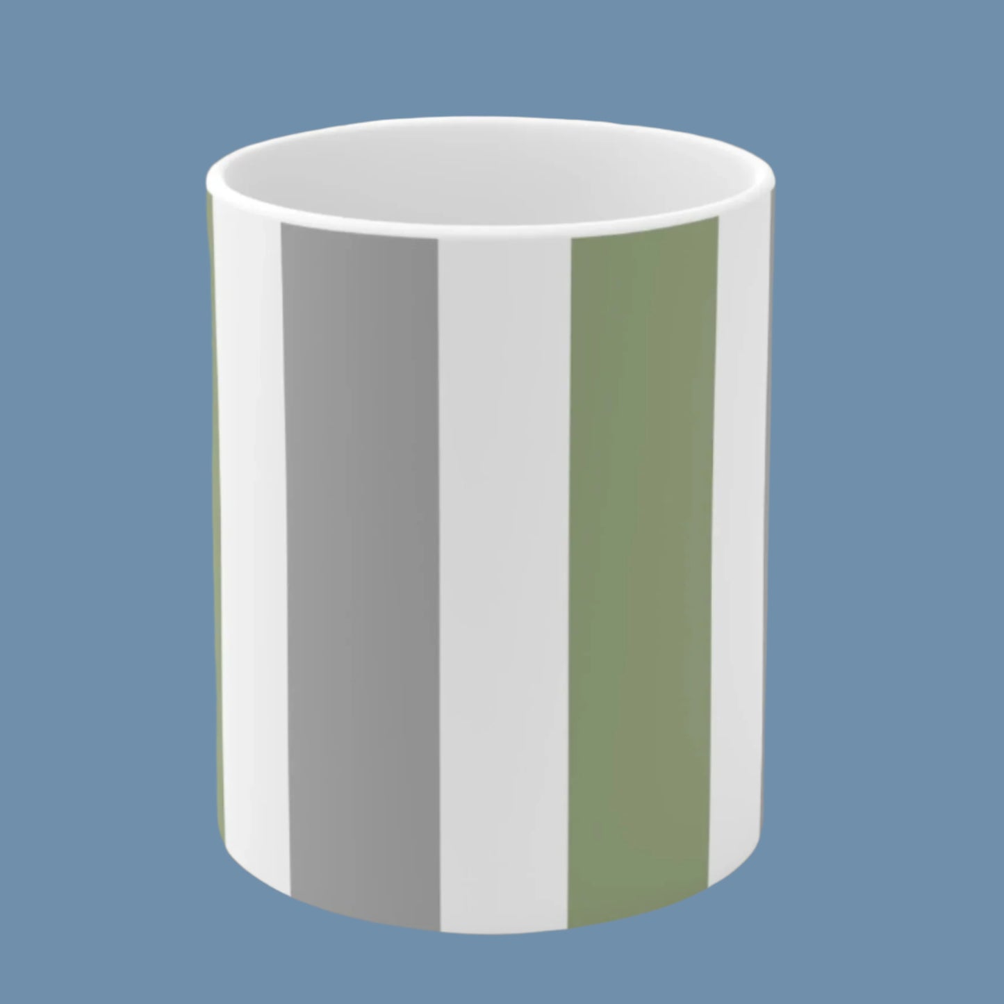 Mug - Ceramic- White, Grey, and Green Vertical Stripes -