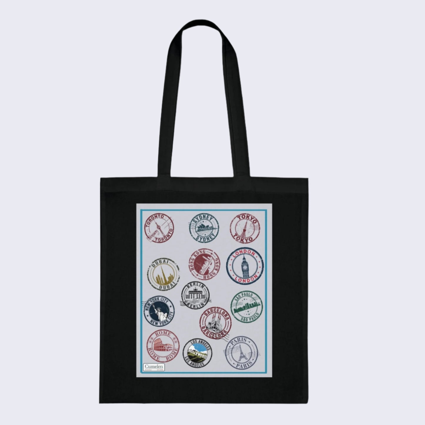 Cotton Tote Bag Passport Stamps Printed - White Grey Blue Red