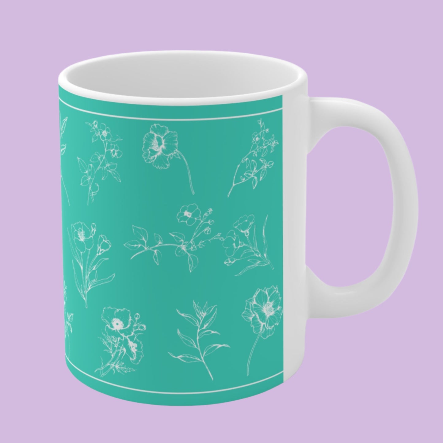 Ceramic Mug - White Flowers Silhouette on Aquamarine Background, 11oz & 15oz, Ideal for Special Moments and Gifting