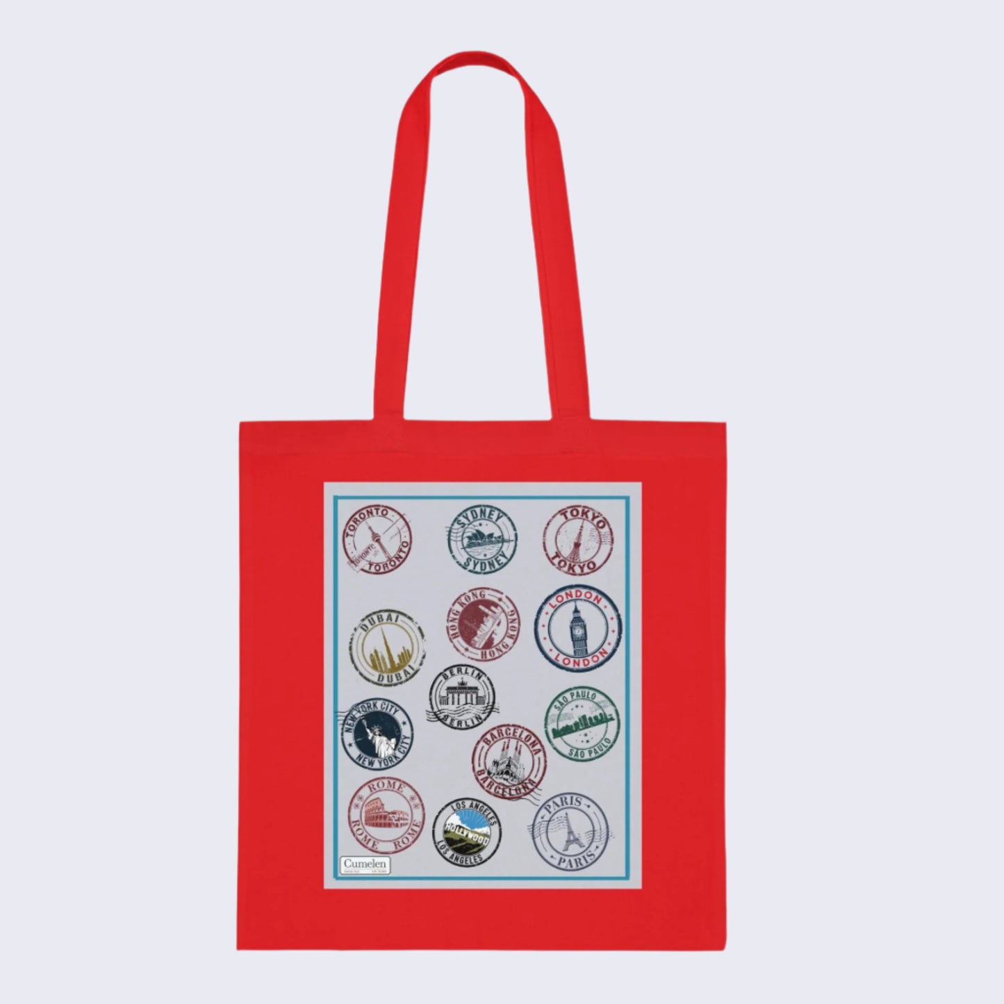 Cotton Tote Bag Passport Stamps Printed - White Grey Blue Red