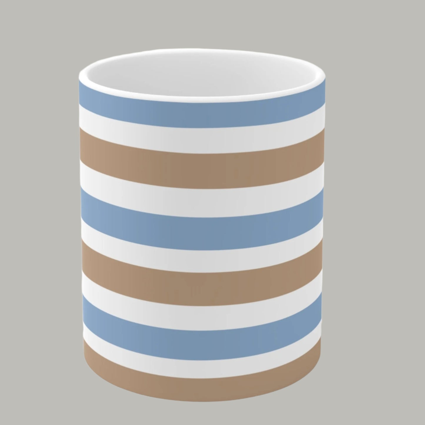 Coffee Mug, Modern Classic Elegance Feel Good Gift, White/Sand Brown/Light Blue Stripes, 11oz/15oz