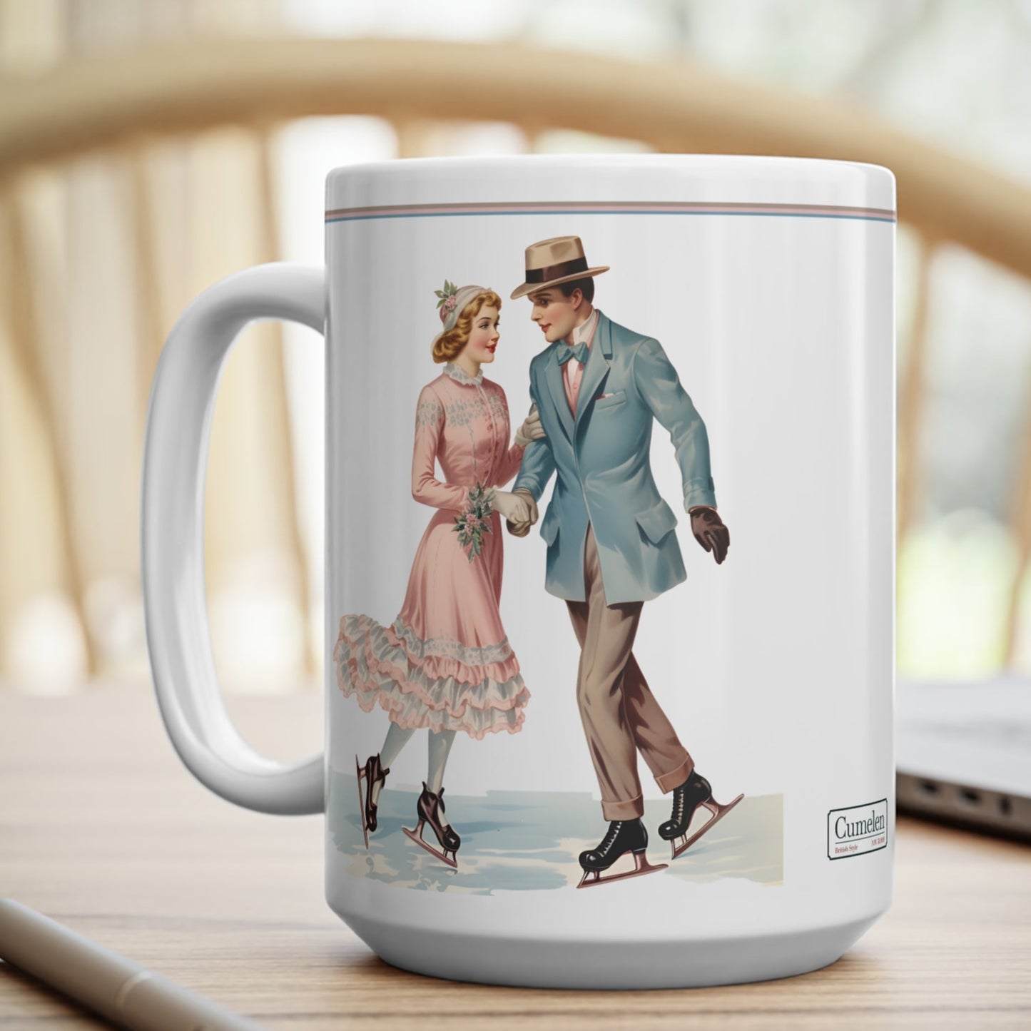 Ceramic Mug Vintage Design Lovely Couple Skating on Ice 11oz/15oz