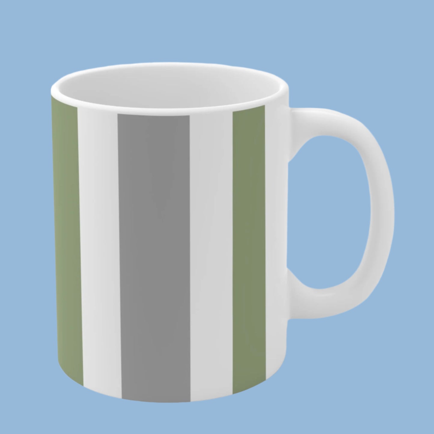 Mug - Ceramic- White, Grey, and Green Vertical Stripes -