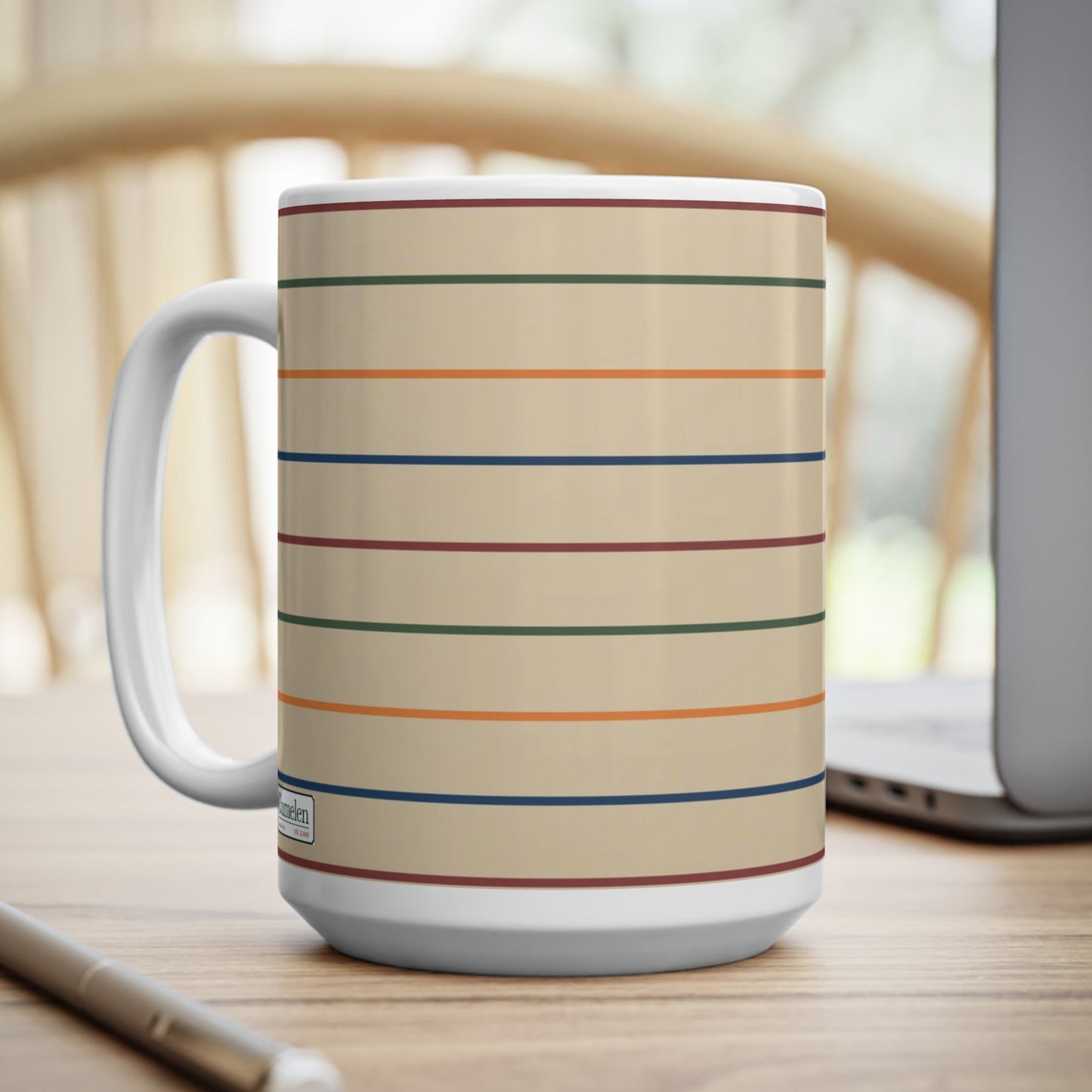 Ceramic Coffee Mug - Beige with Dark Blue, Orange, Green, Bordeaux Stripes - 11oz