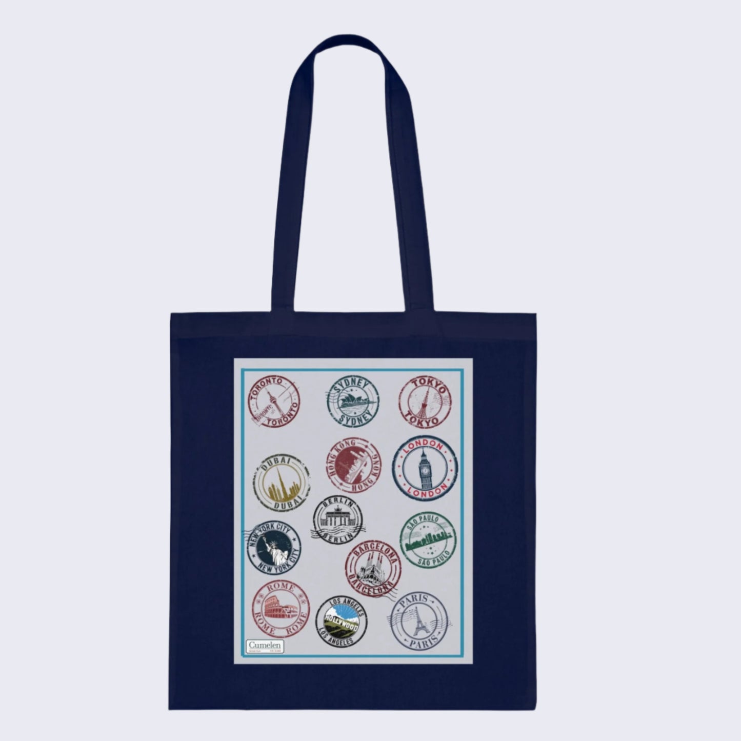 Cotton Tote Bag Passport Stamps Printed - White Grey Blue Red