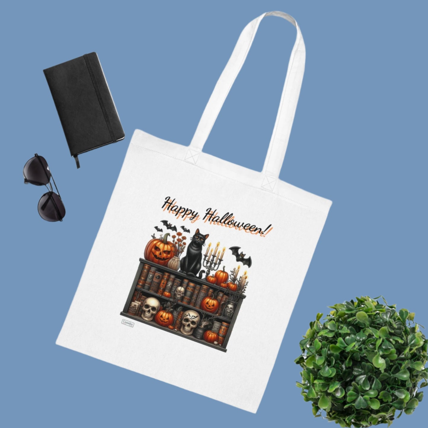 Happy Halloween Cat and Books Cotton Tote