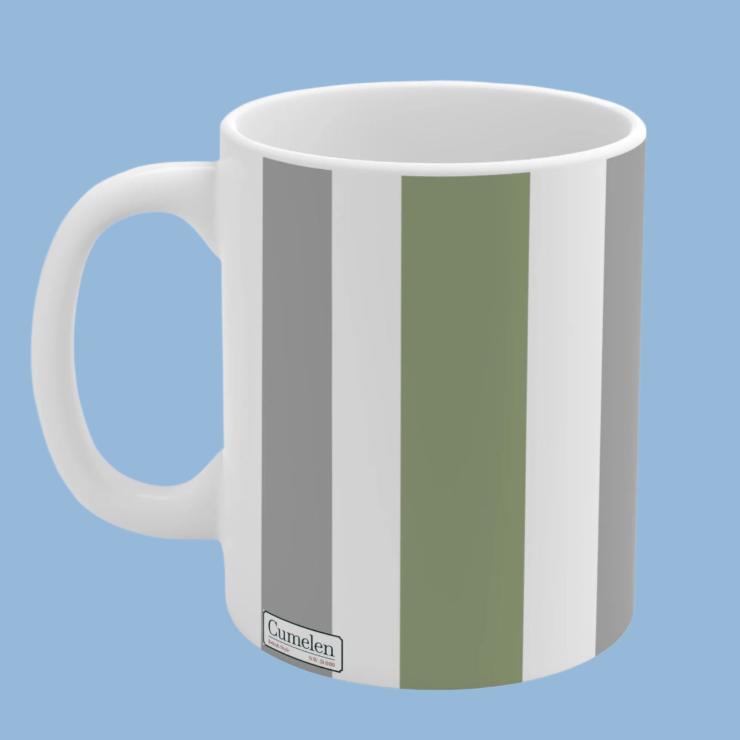 Mug - Ceramic- White, Grey, and Green Vertical Stripes -