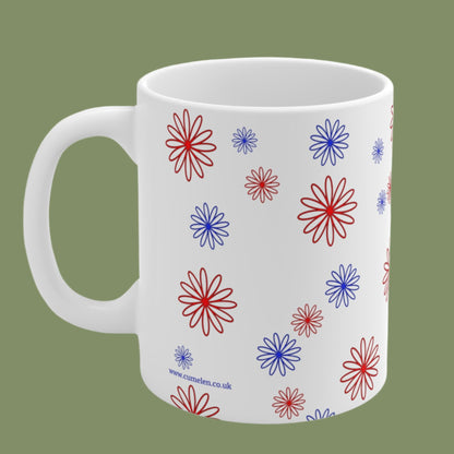 Blue & Red Minimalistic Flowers Ceramic Coffee Mugs 11oz, 15oz