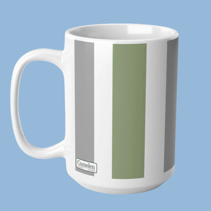 Mug - Ceramic- White, Grey, and Green Vertical Stripes -