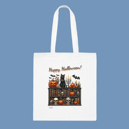 Happy Halloween Cat and Books Cotton Tote