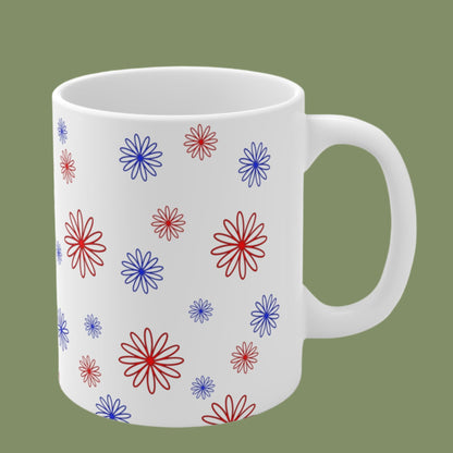 Blue & Red Minimalistic Flowers Ceramic Coffee Mugs 11oz, 15oz