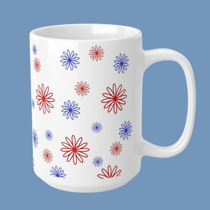 Blue & Red Minimalistic Flowers Ceramic Coffee Mugs 11oz, 15oz