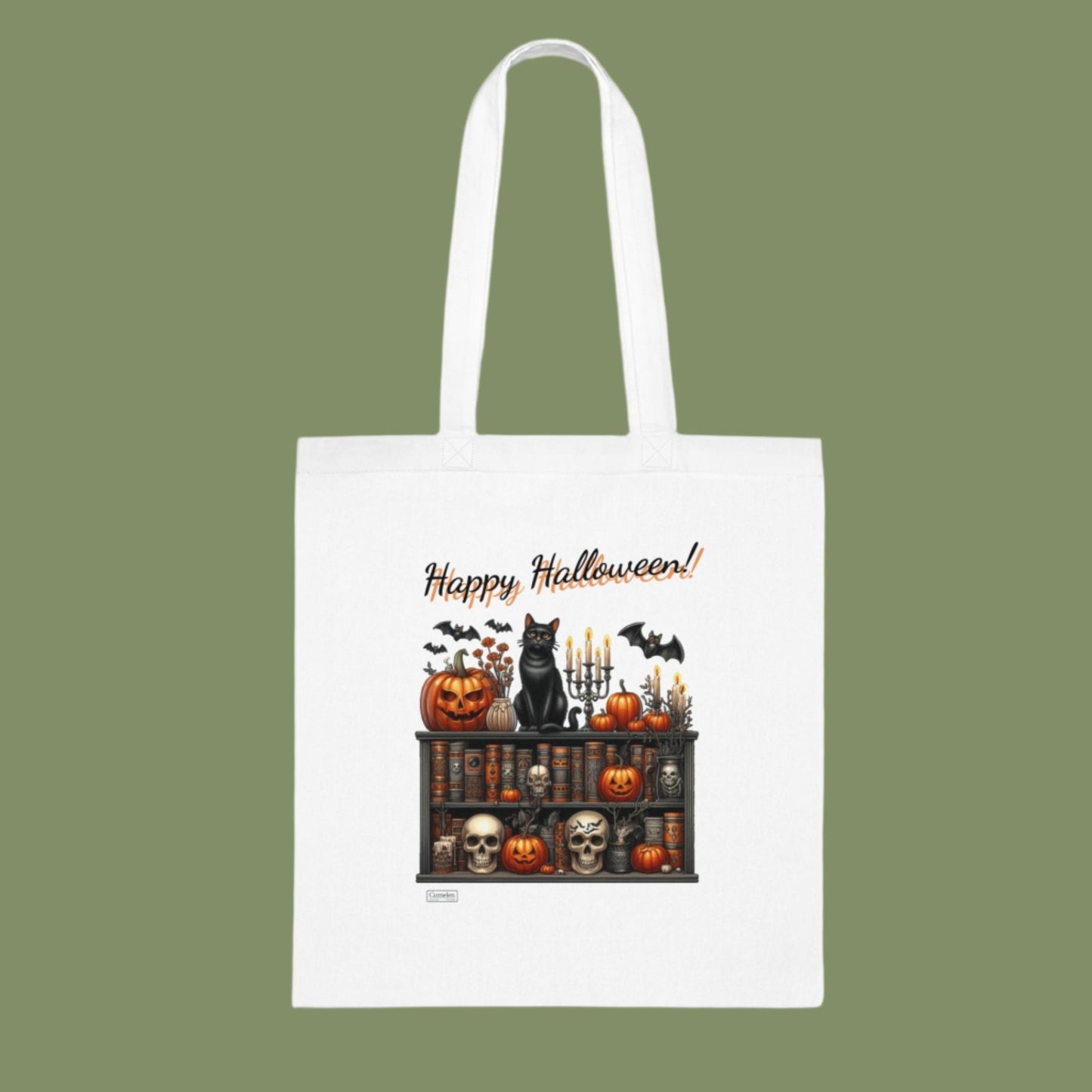 Happy Halloween Cat and Books Cotton Tote