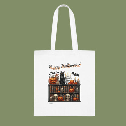 Happy Halloween Cat and Books Cotton Tote