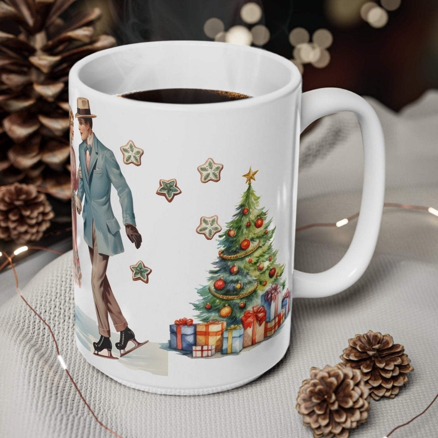 Christmas. Ceramic Mug - Vintage design, Couple Skating - 11oz/15oz