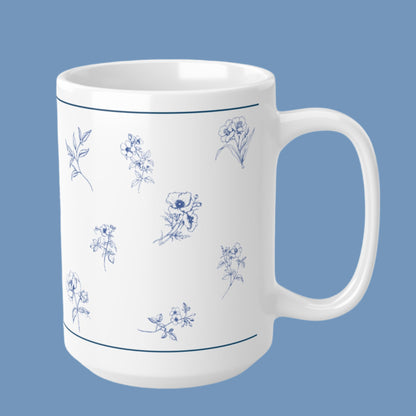 Ceramic Mug Blue and White Flowers 11oz 15oz Gift Share Special Moments